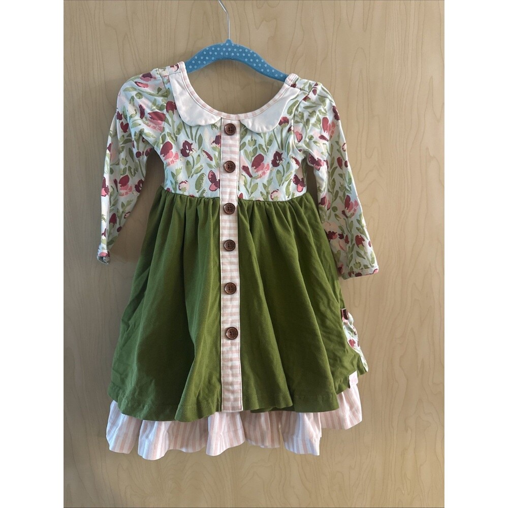 SweetHoney olive green floral long-sleeve bodice dress 18 Months